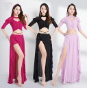 ベリーダンス 衣装セット 新作 Belly dance 社交ダンス 練習着 レッスン着 エレガント3点セット 五分袖 ショート丈 Vネック トップス ロング ス...