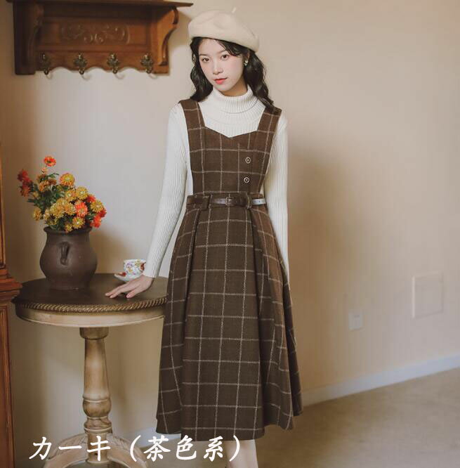 ジャンパースカート 春ワンピース チェック柄 ノースリーブ レトロ ワンピース ミモレ丈 ロング丈 厚手 ワンピース レイヤード 春服 秋服 可愛い レディース 女子 きれいめ ワンピース ベルト付き コーディネート カジュアル服 カーキ グリーン ネイビー S M L