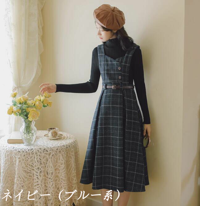 ジャンパースカート 春ワンピース チェック柄 ノースリーブ レトロ ワンピース ミモレ丈 ロング丈 厚手 ワンピース レイヤード 春服 秋服 可愛い レディース 女子 きれいめ ワンピース ベルト付き コーディネート カジュアル服 カーキ グリーン ネイビー S M L
