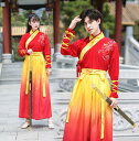 中華コスプレ衣裳 漢服 チャイナ服 中華服 メンズ レディース 男女兼用 グラデーション 中華 コスプレ ハロウィン衣装 上下セット 長袖 交差ブラウス ロング巻きスカート 袴風 中国古代時代劇コスチューム 華流舞台 ステージ衣装 エスニック 花刺しゅう 赤黄 S~5XL