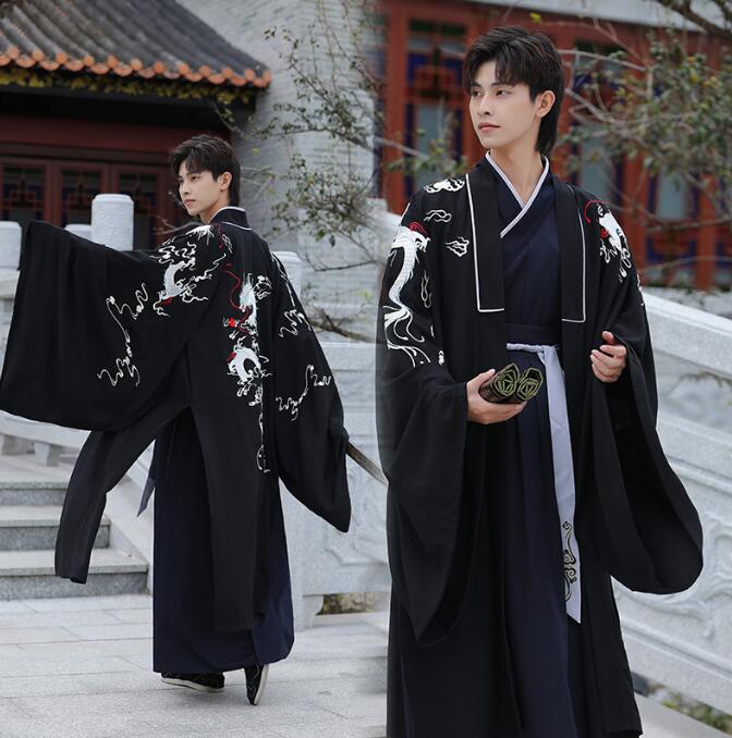 漢服 袴風 中華コスプレ衣装 メンズ チャイナ服 華流 ハロウィン 衣装 カンフー衣装2点セット 3点セット 黒系 龍刺繍 おしゃれ 大人 中国古代時代劇コスチューム 唐装 仮装 変装 交差ブラウス 長袖 広袖羽織カバー 昭和 中華服 S M L XL 2XL 3XL 4XL 小さい 大きいサイズ有
