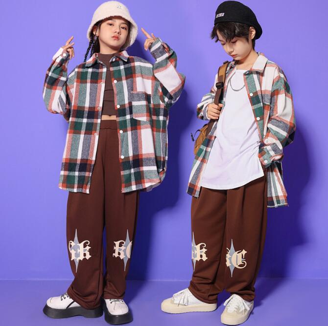 キッズ ダンス衣装 子供服 チェックシャツ 長袖 ミドル丈 ゆったり カジュアルシャツ 長ズボン サルエ..