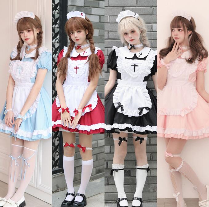 メイド服 コスチューム 半袖 メイドコス ゴスロリ ロリータ ワンピース レディース 女装 可愛い 裾フリル エプロンドレス ウエイトレス 十字架 リボン 膝丈 ショート丈 ハロウィン衣装 コスプレ 衣装 cosplay セクシー キャラクター ネックウエアと髪飾り付 黒 赤 ピンク 青