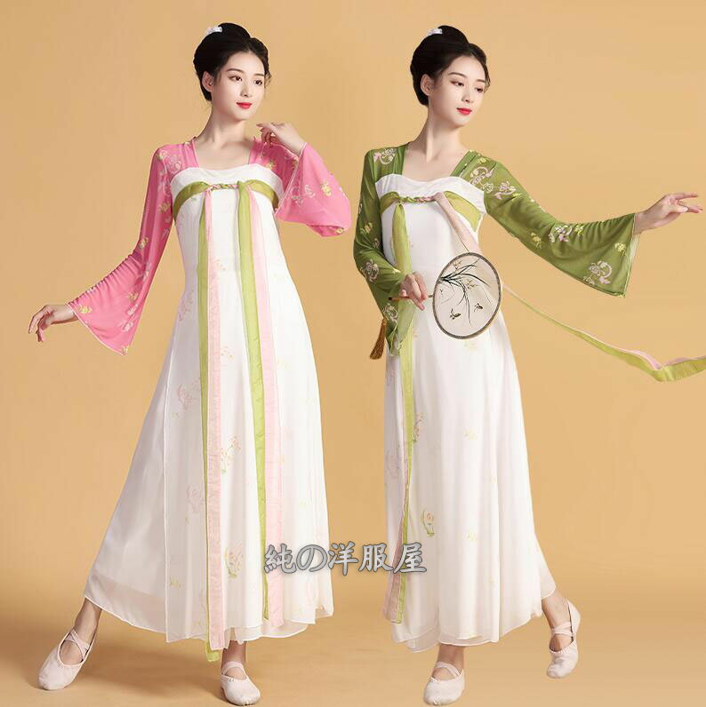 Rakuten - チャイナ風 ダンス衣装 セットアップ レディース 中華 中国古典舞踊 ダンス衣装 ラッパ袖 ロングワンピース サイドスリット シフォンガウチョパンツ 花柄 リボン紐 漢服 チャイナドレス 唐時代 仕女 ダンス演目衣装 飄逸 エレガント 仙気が漂う 箏 二胡 演奏衣装