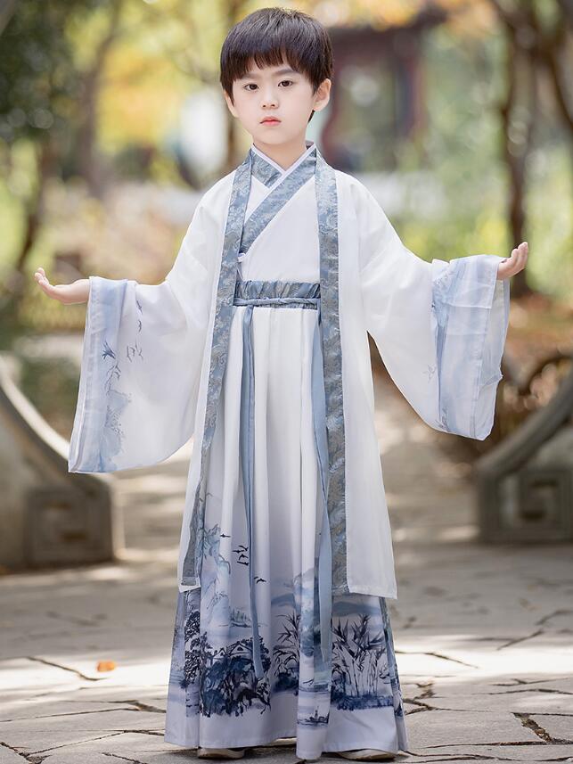 子供 漢服 チャイナ服3点セット キッズ ユニセックス 中華コスプレ衣装 ハロウィン衣装 男の子 女の子 チャイナ風舞台衣装 ステージ衣装 中国古代服装 中華時代劇コスチューム 振袖羽織付き 白にプリント 水墨山水 竹 学園祭 イベント チャイナ カンフー衣装 110-180cm