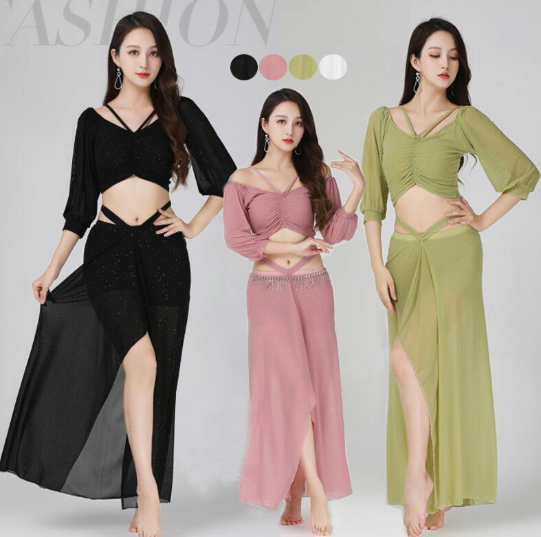 大人 ベリーダンス 衣装セット 七分袖 Vネック へそ出し ラメ入り ショート丈トップス ロング丈 スリット入りスカート セクシー チュール シースルー生地 紐...