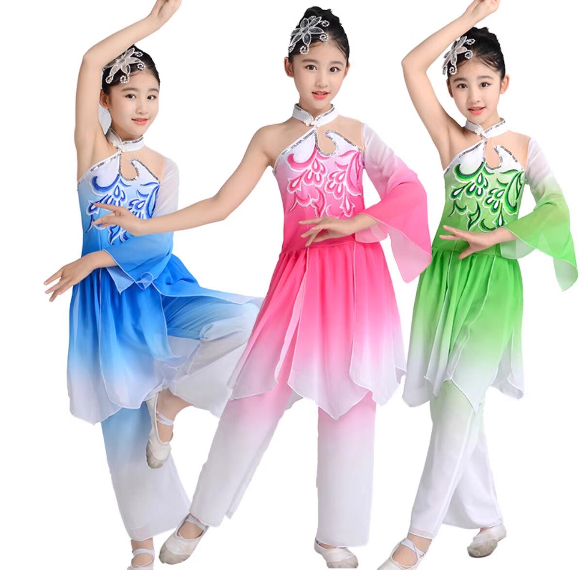 Rakuten - 子供 ダンス衣装 女の子 中華古典舞踊 チャイナ民族ダンス 衣装セット ワンショルダー 片方の長袖 グラデーション サイドスリットのシフォン スカート キッズ ジュニア 大人 飄逸 エスニック 中華民族風 ダンスウエア 青 緑 ピンク 110 120 130 140 150 160 170cm