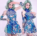 レディース ダンス衣装 スパンコール ノースリーブ ワンピース ハイネック ショート丈 膝丈 ダンス ワンピース グラデーション 変色 幾何 多角形 スパンコール おしゃれ 大人 クラブ バー 夜店 演出 衣装 ジャズ ゴーゴーダンス 衣装