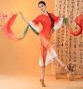 中華風 エスニック ダンス 衣装 チャイナドレス 大人 子供 中華古典ダンス 衣装 五分袖 フリルスリーブ ミモレ丈 裾にフリル サイドスリット 赤系 グラデーション 人魚姫 鯉姫 花のプリント 美シルエット 中華民族ダンス 衣装 飄逸 クラシカル チャイナ風 ダンス 演奏 衣装