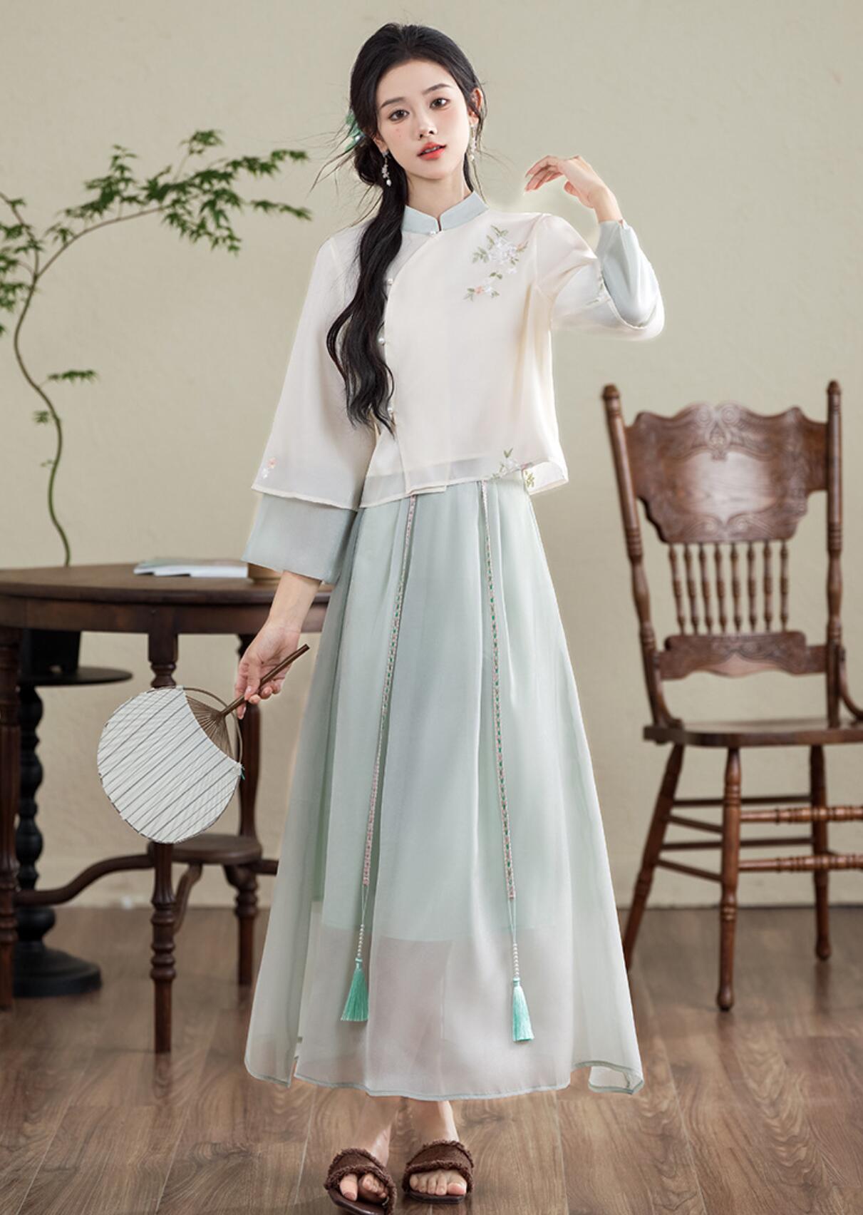 中華服 レディース 長袖 ショート丈 チャイナ服＋ロング丈 スカート 改良 チャイナ...