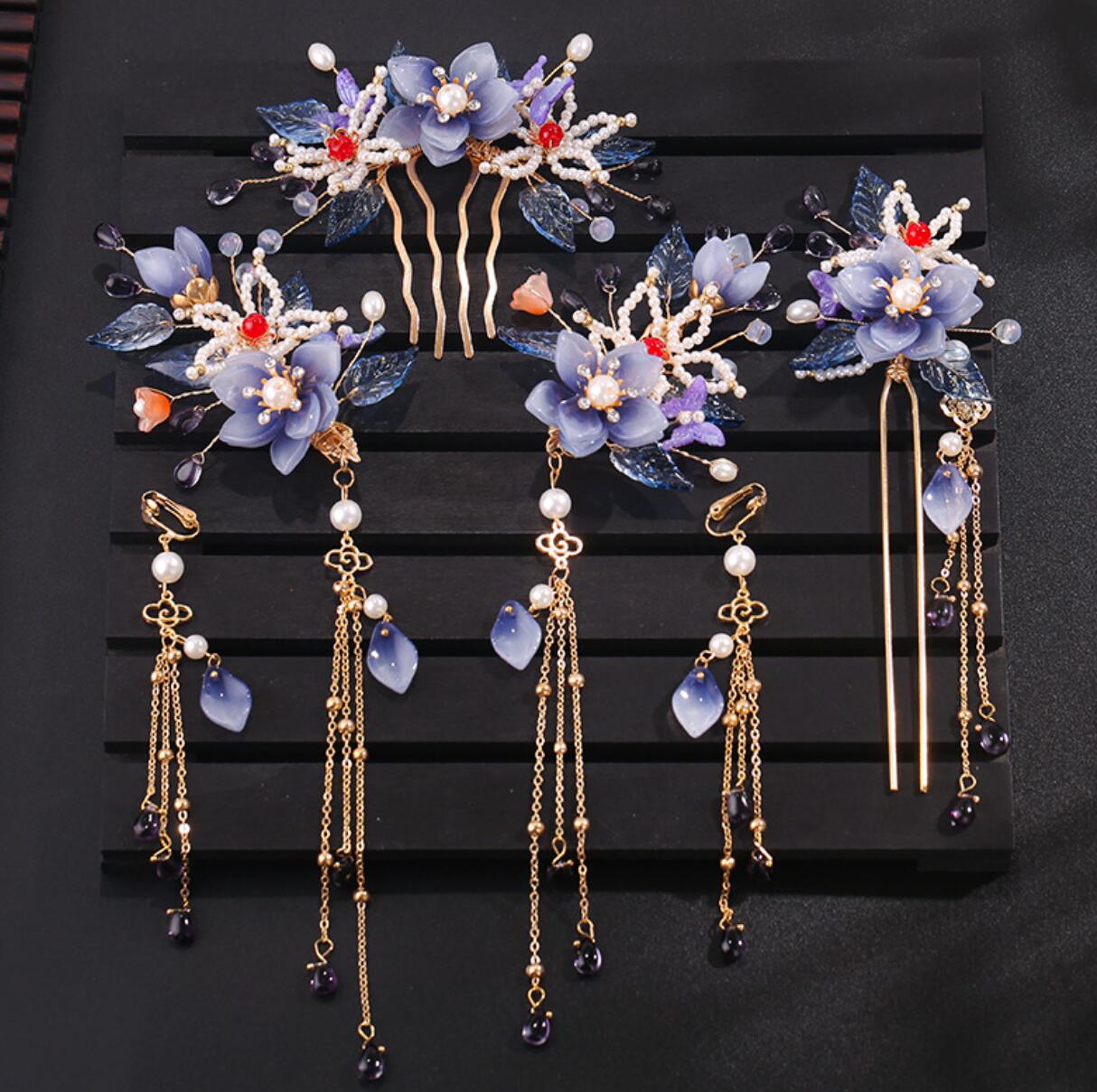 中華古典 髪飾り 5点セット 花モチーフ かんざし ヘアピン イヤリングセット グラデーション ダークブ..