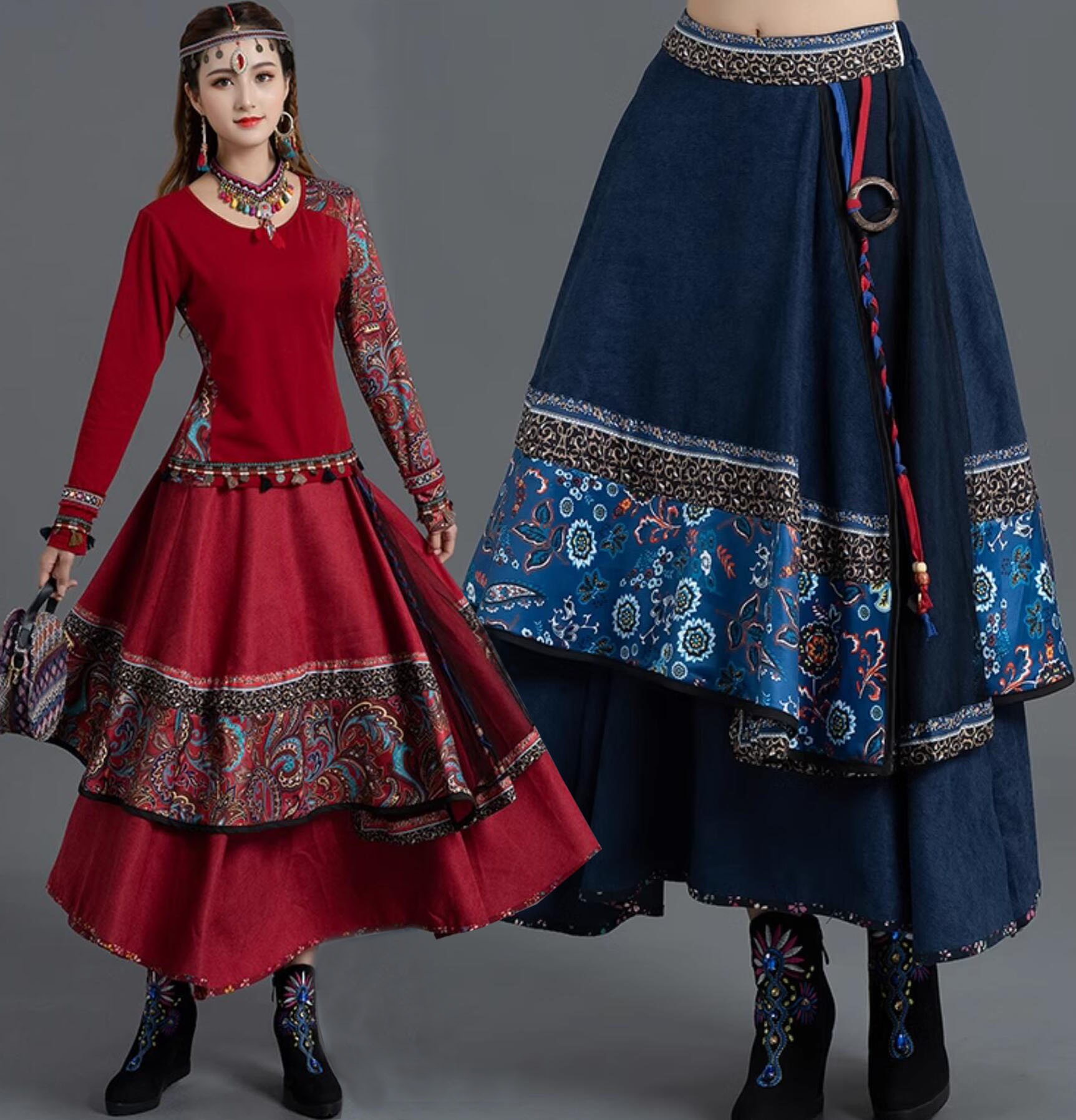 民族 エスニック スカート ミモレ丈 Aライン フレア スカート レディース ナチュラル レトロ スカート ..