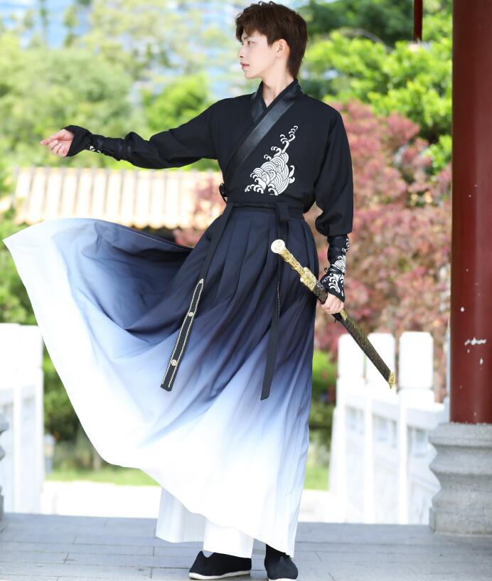 チャイナ服 中華コスプレ衣装 男女兼用 中華衣装 中華服 メンズ レディース 漢服 華流 ハロウィン衣装 舞台衣装 ステージ衣装 唐装 漢服 大人 ユニセックス 中国 時代劇ドラマ コスチューム 長袖セットアップ 黒白グラデーション エスニック刺繍 袴風 ステージ衣装 S～5XLのサムネイル