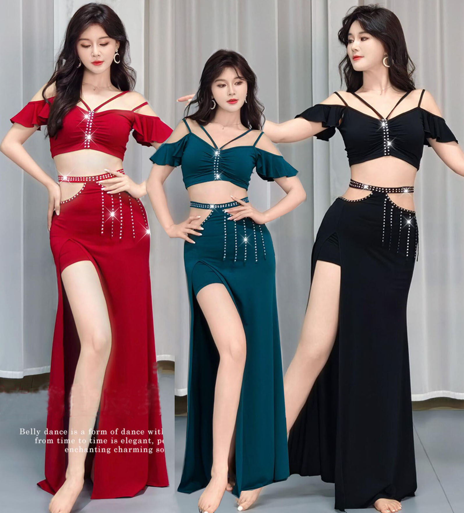 大人 ベリーダンス 衣装セット 新作 セクシー系 袖フリル ストラップ ショルダー ショート丈 トップス ロング丈 スカート ハイスリット 腰ベルト 穴開け リ...