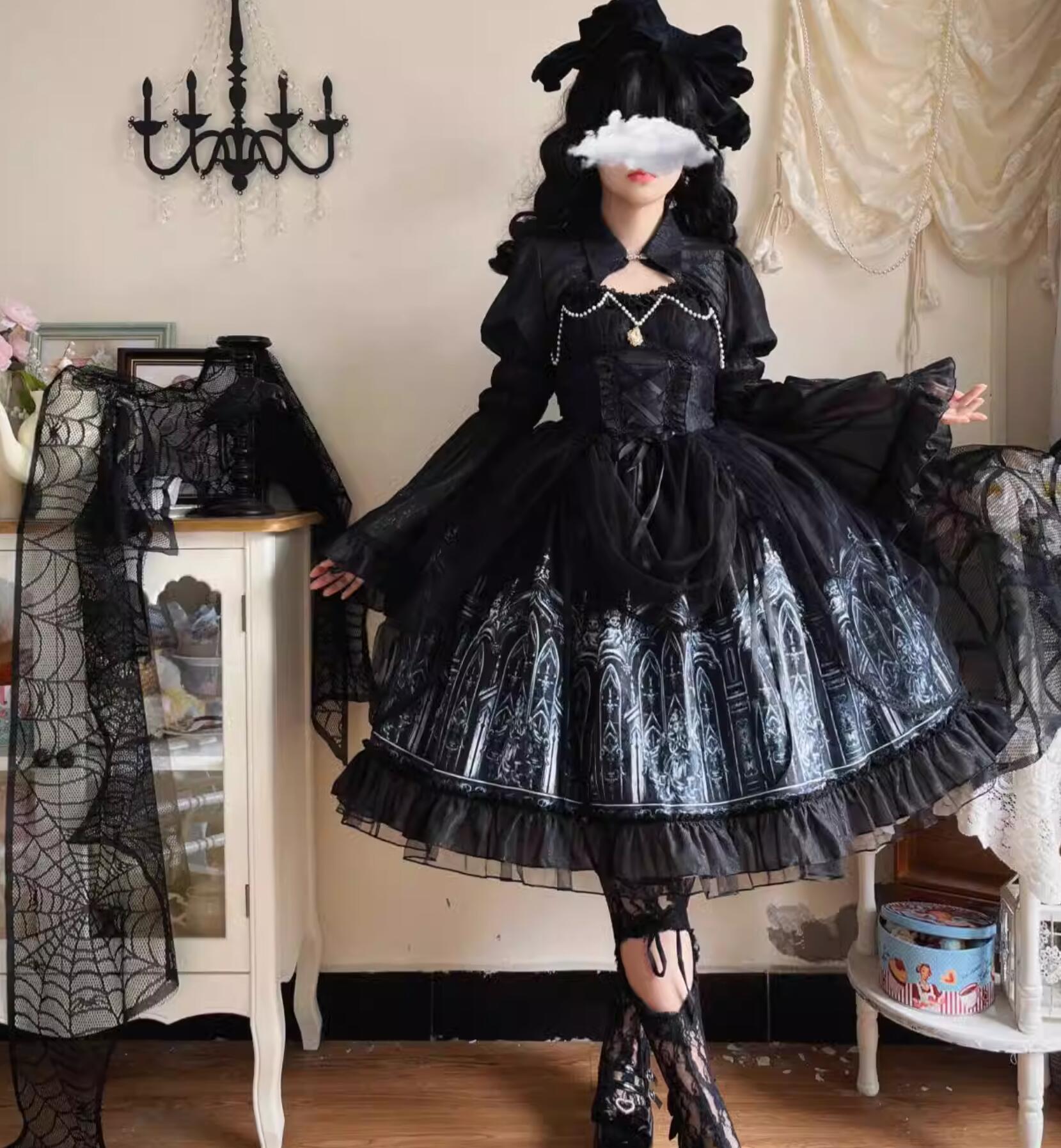 暗黒 ゴスロリ ロリータ ワンピース ジャンパースカート 膝丈 ミドル丈 ロリータ ドレス 裾にフリル ウエストにリボン締め jsk ロリータファッション パール ストラップ プリンセス コスチューム 長袖 姫袖 ショート丈 肩掛け ブラウス 単品とセット購入可 ブラック