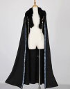 中華 コスプレ マント ロング丈130cm 大人 黒のファー襟付き アクセサリー チェーン付き おしゃれ 暗黒系 中華コスプレ衣装 青の縁取り エスニック花柄 ...