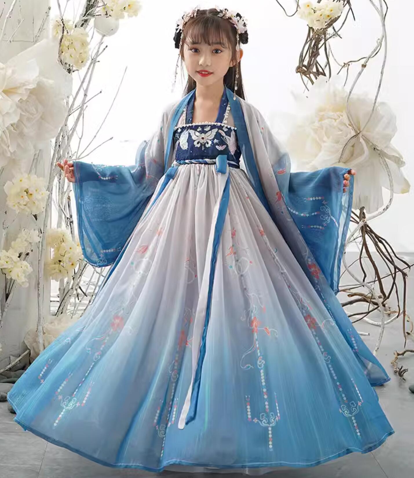 女の子 漢服 中華 コスプレ衣装 子供 チャイナ服 振袖羽織付き 豪華漢服セット グラデーション 橙 紫 青 蝶 お花 鯉 刺繍 プリント 華やか 中国古代宮廷 中華衣裳 お姫様 貴妃 皇后 仮装 変装 華流 舞台 ステージ 衣裳 中華 仙女 ハロウィン 衣装 110 120 130 140 150 160