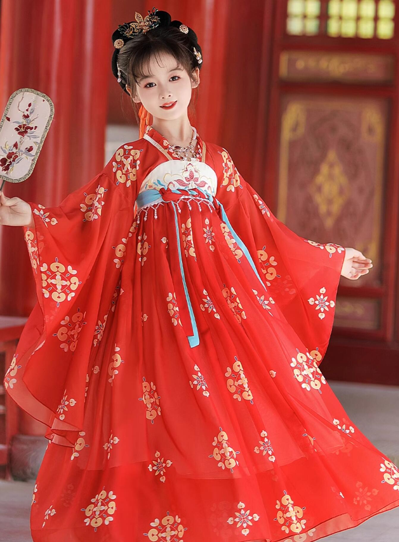 子供 漢服 お姫様 中国古代服装 赤 華やか 中華服 漢服ドレス 金色のプリント 姫袖 振袖 フリルスリー..