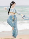 中華コスプレ衣装 華流 アラビアン 全身コスチューム 中国古代 西域 民族 パフォーマンス コスプレ衣装 ブルー アラジン ジャスミン風 コスチューム 長袖ブラウス ベスト ショート丈 へそ出し 裾に金のストラップ 長ズボン ちょうちんパンツ 3点セット リボン 腰巻き付き