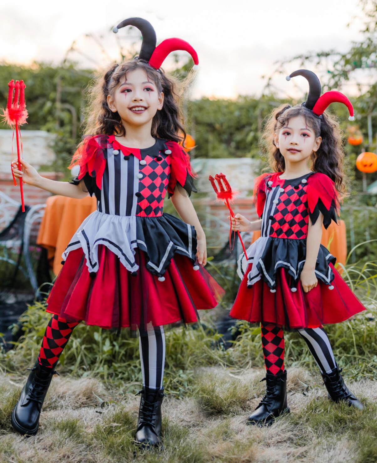 子供 ハロウィン 衣装 女の子 ピエロ コスチューム 赤＋黒 ミドル丈 ワンピース チュール付き 半袖 お..