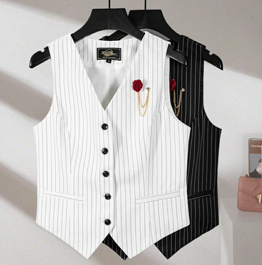 ベスト ジレ ベスト レディース オフィス 通勤 ビジネス ベスト 前開き ショート丈 Vネック ストライプ..