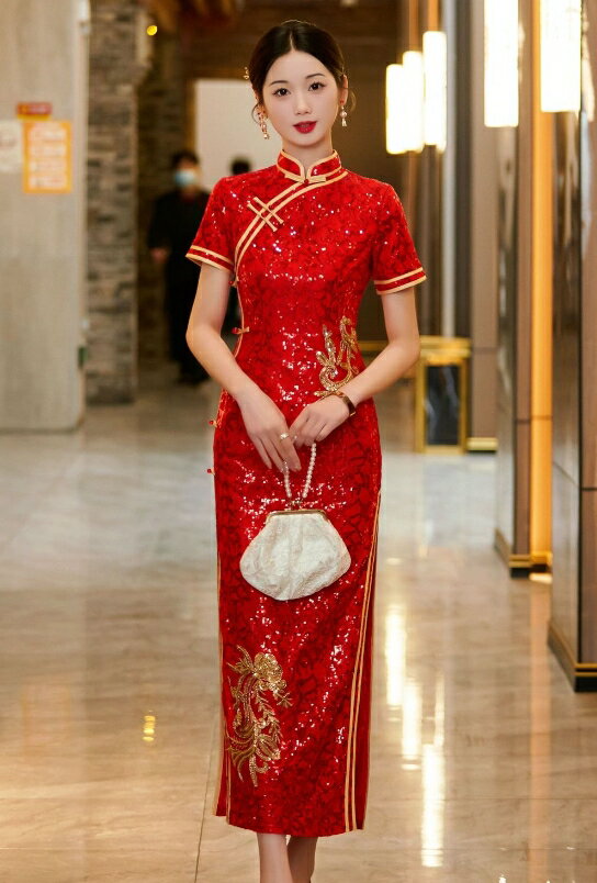 ロング チャイナドレス 半袖 スパンコール チャイナドレス ロング丈 マキシ丈 金色の刺繍 キラキラ レディース 中華古典風 結婚式 披露宴 チャイナ ドレス 中華ドレス レッド 赤 S M L XL 2XL 3XL 4XL