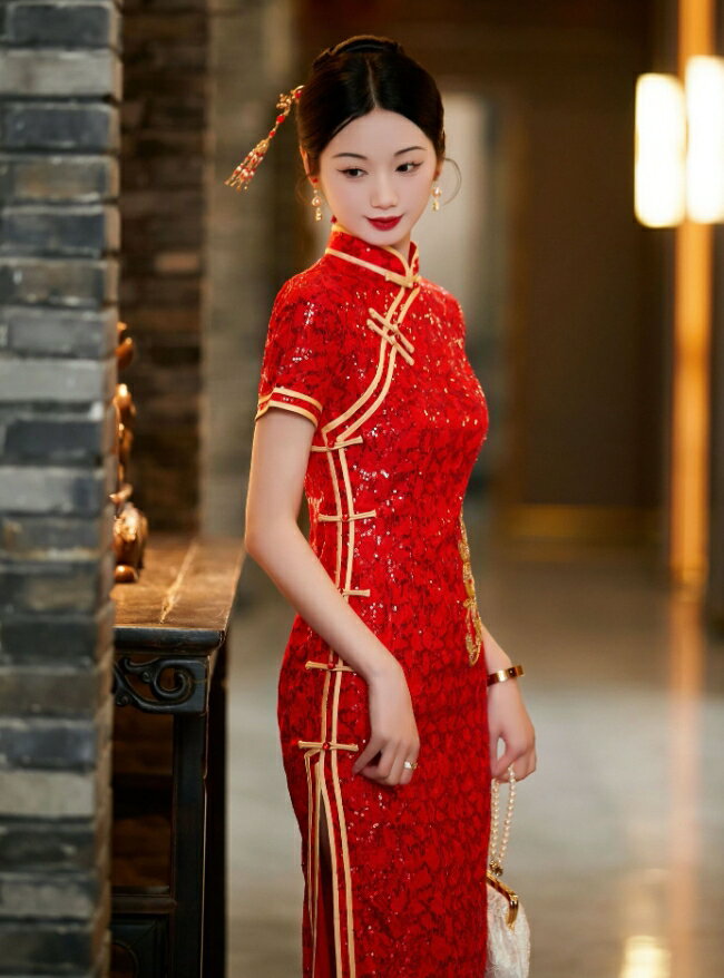 ロング チャイナドレス 半袖 スパンコール チャイナドレス ロング丈 マキシ丈 金色の刺繍 キラキラ レディース 中華古典風 結婚式 披露宴 チャイナ ドレス 中華ドレス レッド 赤 S M L XL 2XL 3XL 4XL