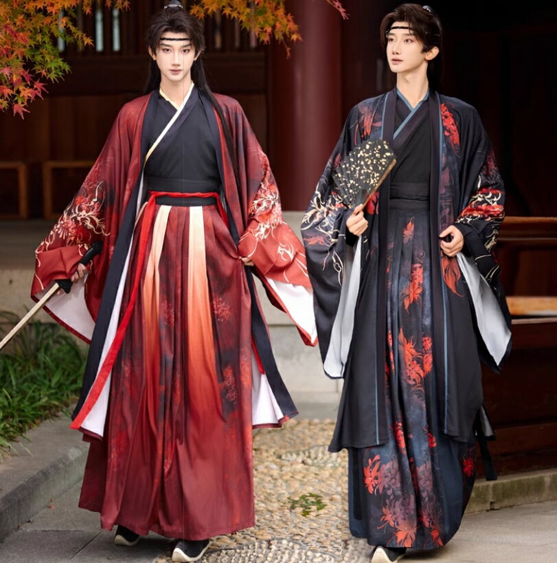 中華コスプレ衣装 メンズ チャイナ服 男女兼用 中国古代服装 交差襟 袴風 中華コスチューム 華流 ハロウィン衣装 男性 女性 大人 暗黒系 花プリント 振り袖羽織単品 3点セット選べる 侠客風 漢服 中華衣裳 Cosplay レッド ブラック S M L XL 2XL 3XL