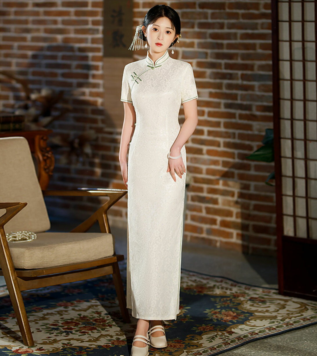 チャイナドレス ロング マキシ丈 半袖 美シルエット チャイナ ドレス レース 花柄 中華服 サイドスリット タイト エレガント 中華ドレス 華流 改良チャイナ服 パーティー 二次会 演奏会 発表会 ドレス ホワイト レッド M L XL 2XL 3XL 4XL