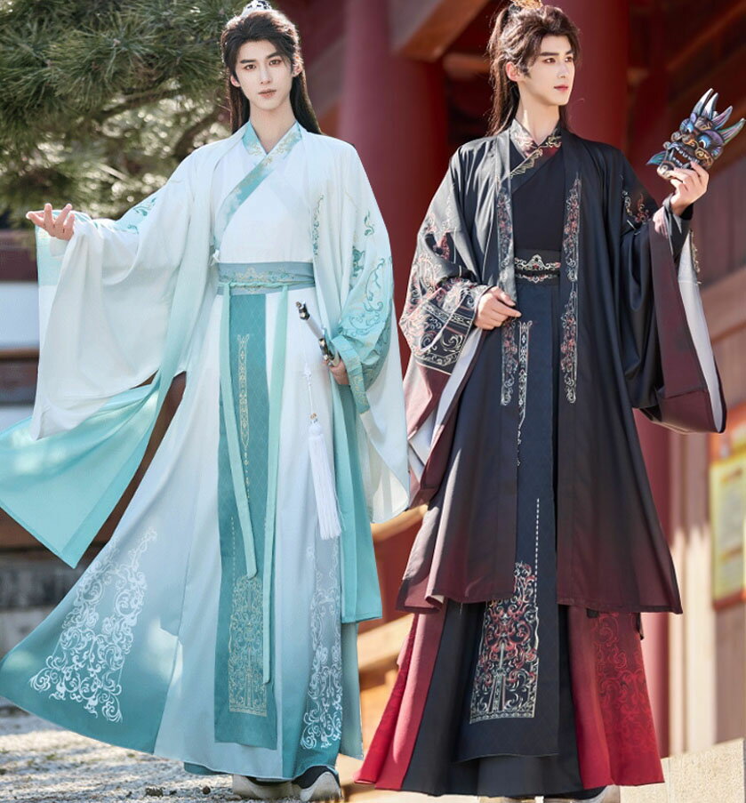 チャイナ服 3点セット メンズ 漢服 唐装 レディース 男女兼用 中華服 振り袖羽織付き 華やか3点セット グラデーション 黒赤 白緑 交差襟 大人 ユニセック...