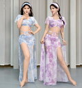 ベリーダンス衣装 3点セット レディース Vネック 半袖 ショート丈トップス ロング丈スカート サイドスリット 花柄 総柄 社交ダンス衣装 メッシュ チュール ...