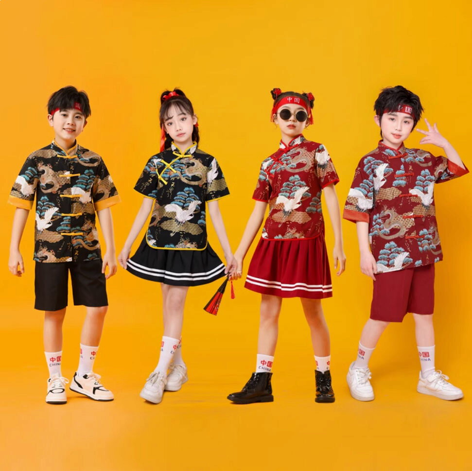 Rakuten - 子供 ダンス 衣装 中華 ダンス衣装 長袖 半袖 スカートセット パンツセット エスニック タンチョウ 龍 プリント チャイナブラウス ショートスカート パンツ 男の子 女の子 キッズ ジュニア 運動会 イベント ダンス 演出衣装 チアダンス 衣装 中国民族風ダンスウエア 110-180