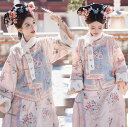 中国古代服装 清朝 お姫様 貴妃 古代宮廷 全身コスチューム スカーフつき3点セット ロング丈チャイナドレス ベスト 花柄刺繍 かつらの髪飾り追加可 レディース 大人 中華 華流 コスプレ 衣裳 チャイナ風 舞台 ステージ 撮影 演出 衣装