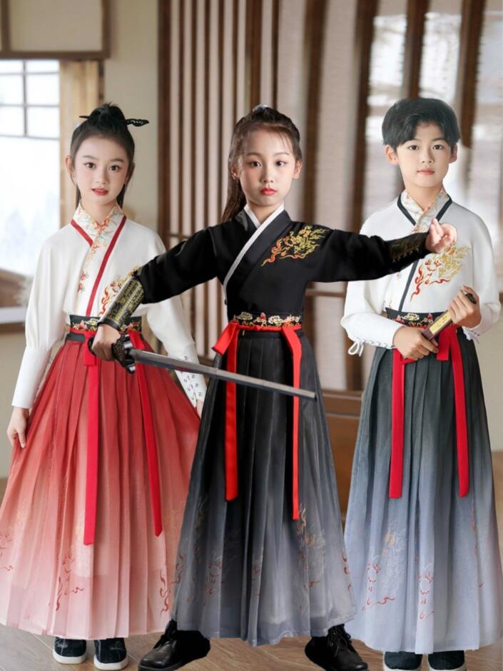 110～160cm 子供 漢服 中華服 2点セット 3点セット キッズ ジュニア ユニセックス チャイナ服 中国古代服装 交差襟 侠客 カンフー 武術 剣舞 中華衣裳 女の子 男の子 中華ドラマ 時代劇 コスチューム イベント 学園祭 文化祭 華流 コスプレ衣装 白 黒 赤
