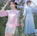 レディース 中華服 七分袖 綿麻シャツ リネン ナチュラル チャイナボタン シフォン フレア ロング丈 スカート チャイナ民族風 漢服 中華ドレス チャイナドレス グラデーション 立体花柄 刺しゅう エスニック 春夏 チャイナ服 華流 お姫様 コスプレ衣装 古典 演奏衣装