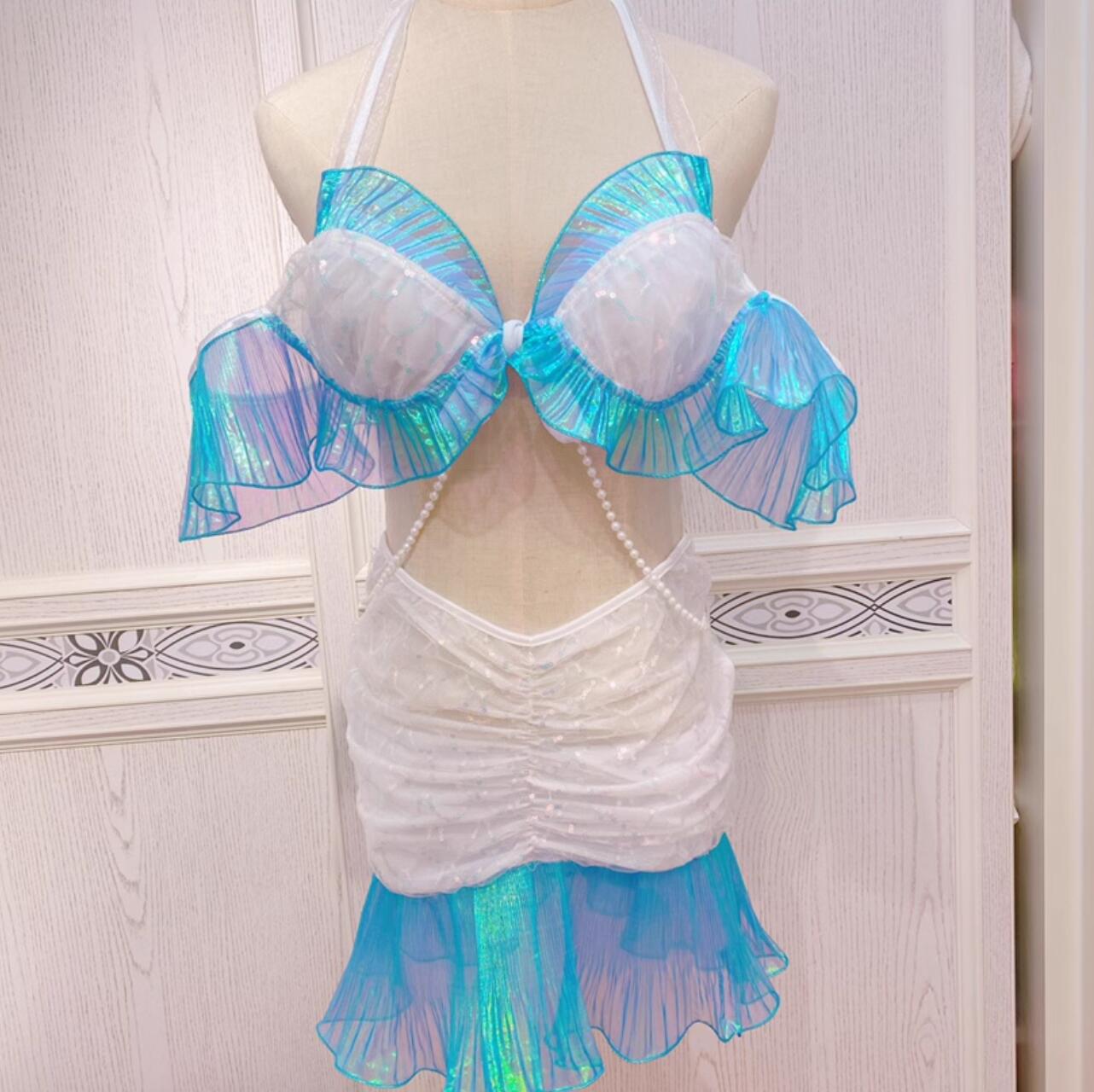 人魚姫 ビキニ 3点セット セパレート スカート付き 裾フリルいっぱい スパンコール きらきら 可愛い お姫様 人魚姫 コスチューム ビーチウェア 水着 ホルターネック ワイヤー 水中ショー ビキニ 白＋青 S M L