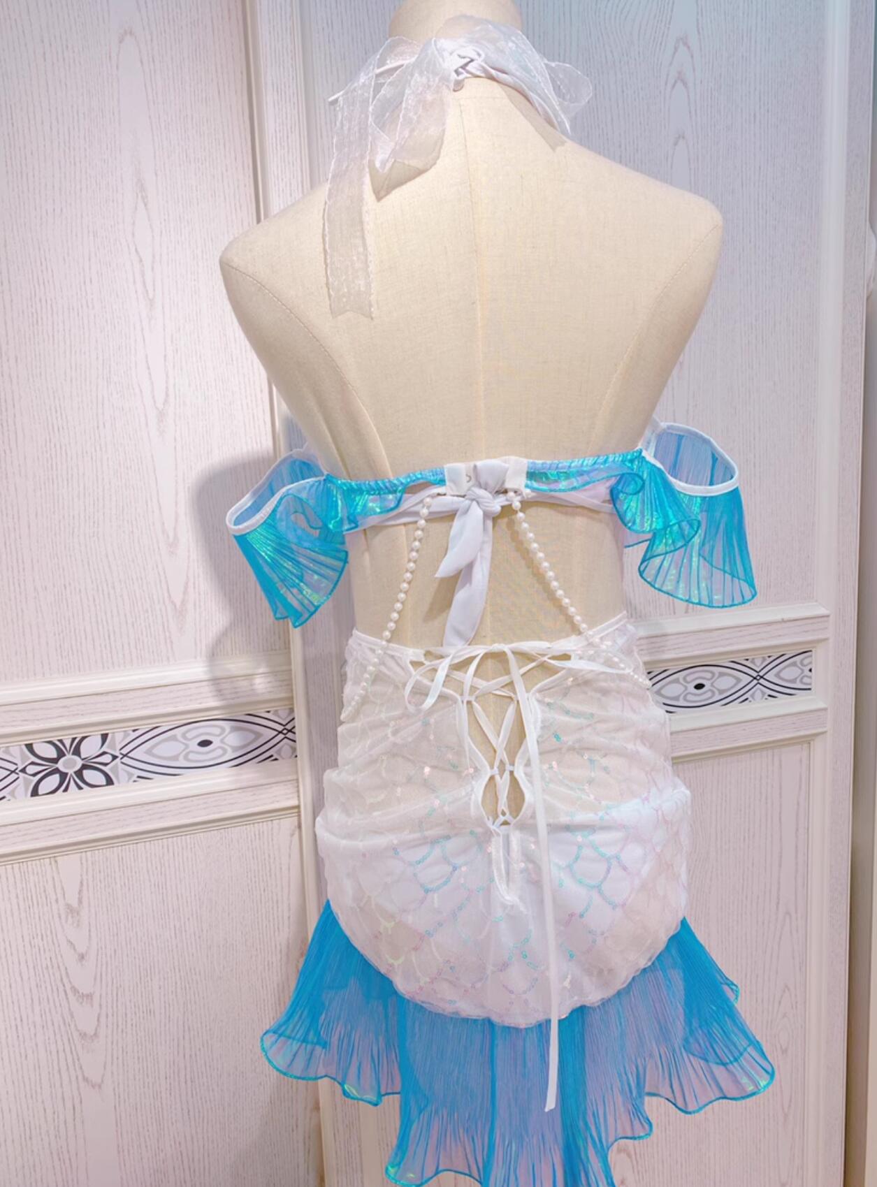 人魚姫 ビキニ 3点セット セパレート スカート付き 裾フリルいっぱい スパンコール きらきら 可愛い お姫様 人魚姫 コスチューム ビーチウェア 水着 ホルターネック ワイヤー 水中ショー ビキニ 白＋青 S M L