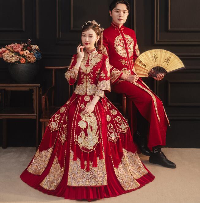 楽天純の洋服屋さん中華服 中国伝統古典ウエディングドレス 中華 結婚式 披露宴 新郎 新婦 衣裳 中華ファッション メンズ レディース 長袖チャイナ服 上下2点セットアップ 金色な刺繍 きらきら 華やか 牡丹 鳳凰 龍 刺しゅう 中華衣裳 中国民国時代 コスプレ衣裳 小さいサイズ 大きいサイズ有