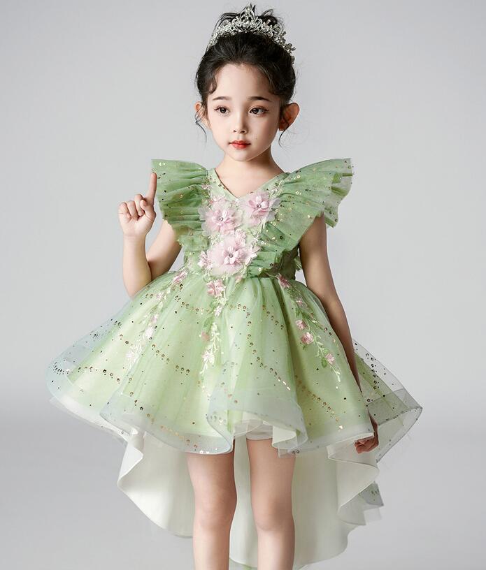 子供 ドレス グリーン カラードレス お姫様 Aライン ボリューム チュチュドレス 100 110 120 130 140 150 女の子 パーティー 結婚式 ドレス 膝丈 ミドル丈 フィッシュテール ドレス ノースフェイス フリルいっぱい 立体フラワー お花 スパンコール 発表会 演奏会 ドレス
