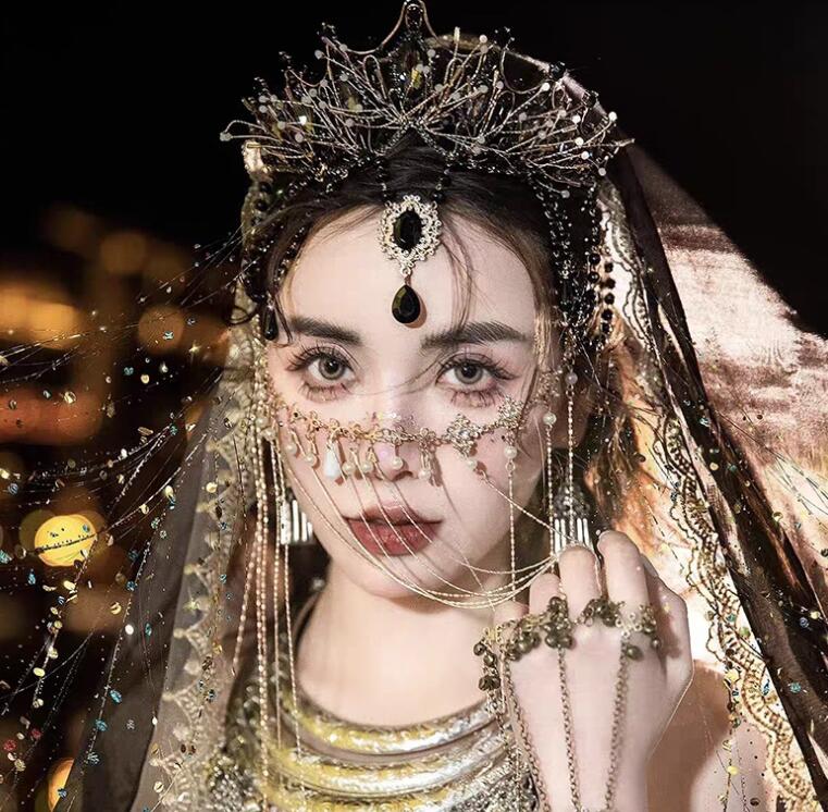 中華風髪飾り アラビアン 暗黒系 ティアラ 冠 チェーン付き 額飾り付き ジャスミン風 ヘッドアクセサリー 中華古典 敦煌 西域風 髪飾り ヘッドドレス 黒 金...