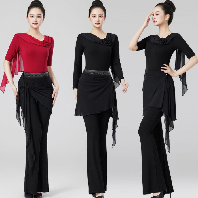 ダンス パンツ チュールスカーフ付き ひらひら リボン レイヤード着 ロング丈 ストレッチ パンツ パン..