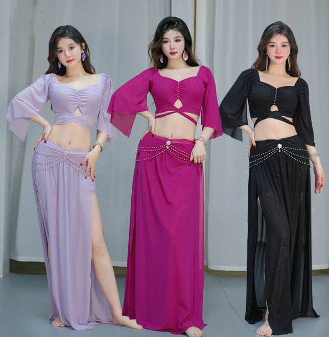 ベリーダンス衣装 セットアップ レディース 大人用 ベリーダンス 練習着 レッスン着 七分袖 ショート丈 トップス サイドスリット ロングスカート ウエストチェ...