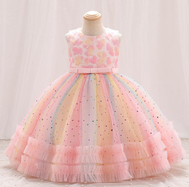 子供 ドレス ミモレ丈 ノースリーブ Aライン ドレス キッズ お姫様 パーティー ドレス マルチカラー グラデーション チュチュ 裾フリル ハート スパンコール キラキラ 女の子 発表会 演奏会 お誕生日 ドレス ダンス ワンピース ウエストリボン 90-150 3