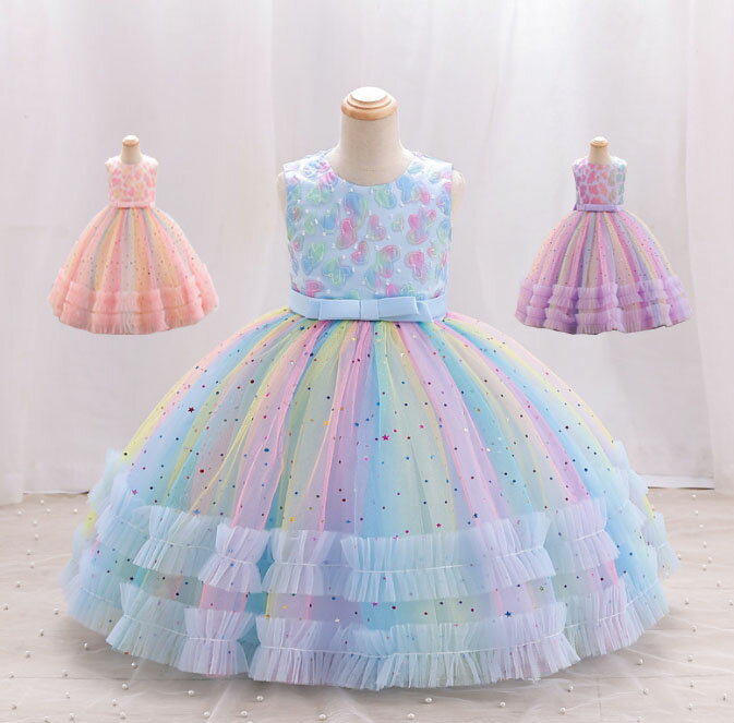 子供 ドレス ミモレ丈 ノースリーブ Aライン ドレス キッズ お姫様 パーティー ドレス マルチカラー グラデーション チュチュ 裾フリル ハート スパンコール キラキラ 女の子 発表会 演奏会 お誕生日 ドレス ダンス ワンピース ウエストリボン 90-150