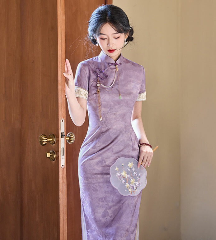 China Dress - ロング丈 チャイナドレス 紫 半袖 花柄プリント ロング チャイナ ドレス 美シルエット クラシカル 中華ドレス レディース 大人 中華服 民国時代 チャイナ服 パーティー ドレス チーパオ 旗袍 中華 華流 ハロウィン コスプレ パープル S M L 2XL 3XL