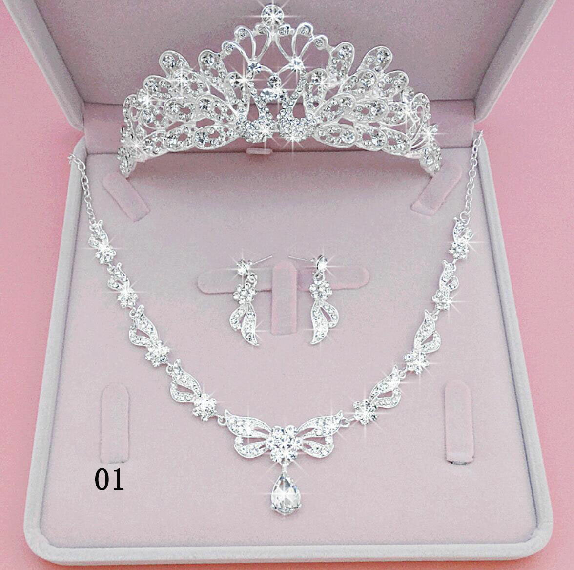 5タイプ ウエディング髪飾り3点セット ヘアアクセサリー ブライダル 花嫁用 王冠 ティアラ+ネックレス+イヤリング(ピアス)ラインストーン キラキラ 可愛い ...