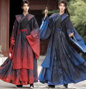 漢服 中華コスプレ衣装 メンズ レディース おしゃれ 振袖羽織付き 3点セット 中華服 チャイナ服 華流 ハロウィン コスプレ衣装 グラデーション エスニックプリント 格好いい カンフー ステージ衣装 大人 中国古代 時代劇 コスチューム 仮装 黒赤 黒青 S ~3XL