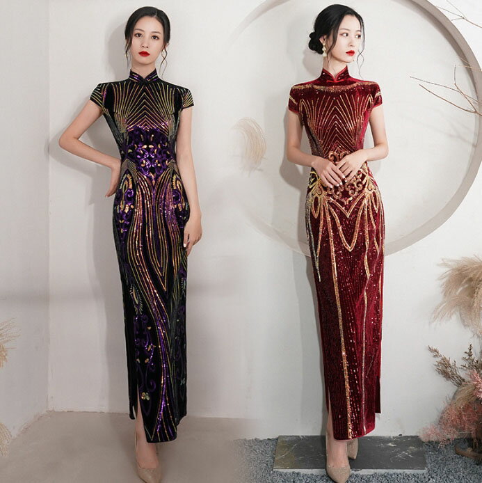 チャイナドレス ロング丈 スパンコール 刺繍 パーティードレス 大人 中華ドレス チャイナ服 半袖 チャ..