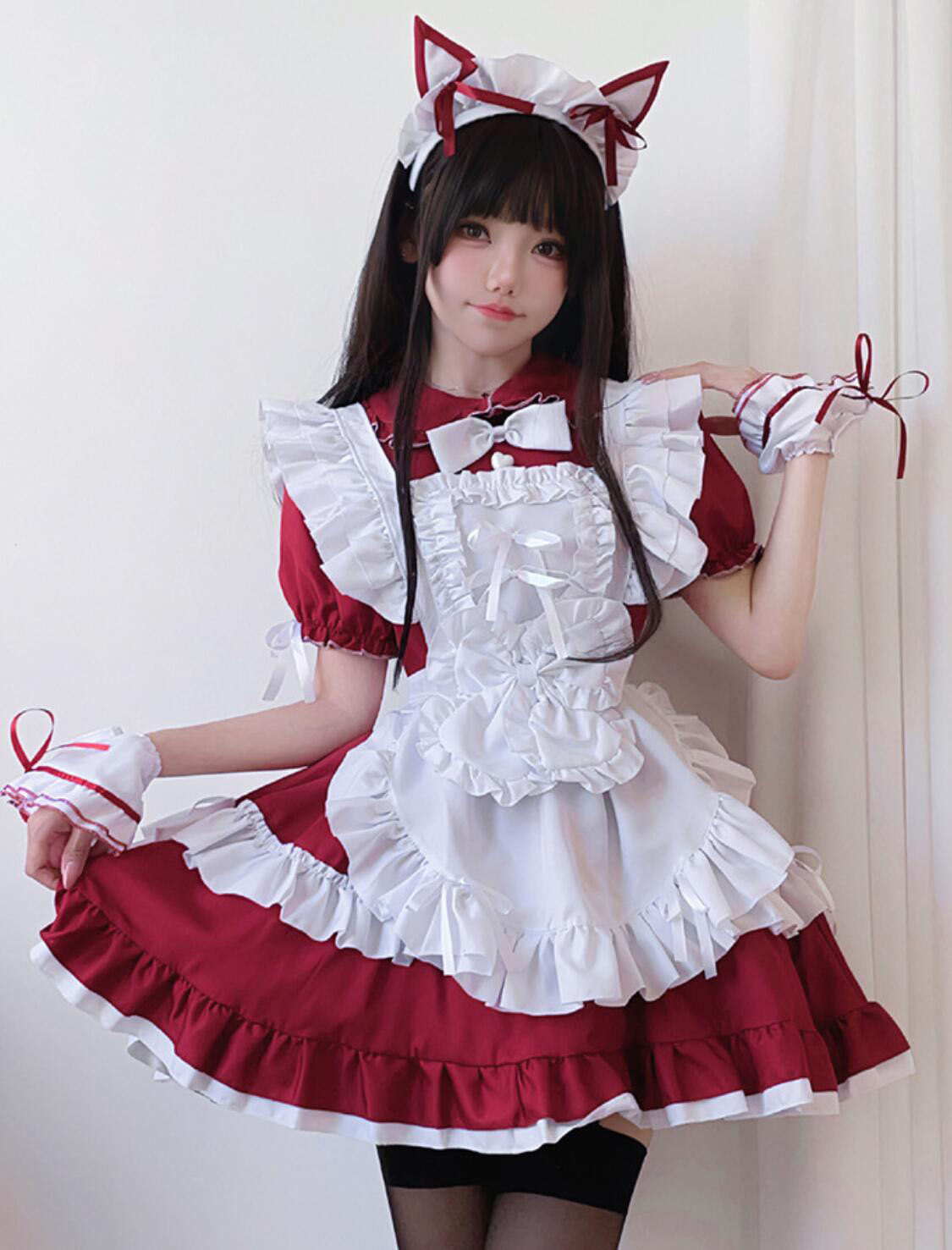 純の洋服屋さんのゴシック メイド服 レディース 大人 メイドコスチューム 半袖 ショート丈 膝丈 ロリータ ワンピース エプロンドレス 衣装5点セット 裾フリル 萌え萌え 可愛い ロリータ服 ハロウィン コスプレ衣装 ウェイトレス メイドコス 黒 ワインレッド S M L XL 2XL 3XL｜アングル3