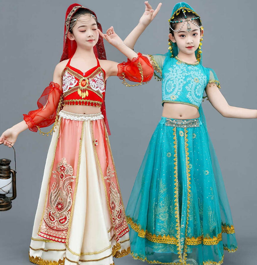 樂天商城 - 子供 アラジン 民族風 ダンス衣装 女の子 お姫様 アラビアン 全身コスチューム 中華古典 西域民族 パフォーマンス ダンス コスプレ 衣装 髪飾り ベール付き ショート丈トップス キラキラの金色刺繍 ロングスカート ジャスミン風 ベリーダンス 衣装 ハロウィン 衣装110～160